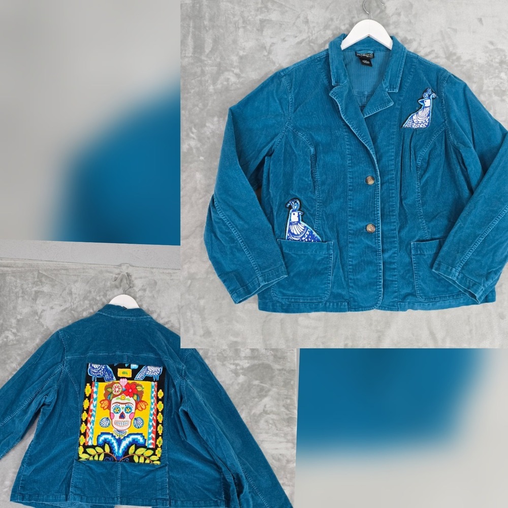 Sugar Skull Womens Corduroy Blazer Jacket 20 Teal Blue Dia‎ de Los Muertos